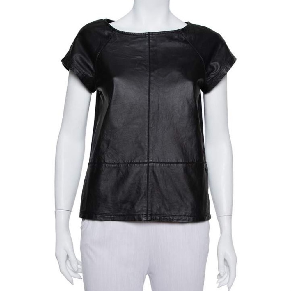 Alice + Olivia Black Leather and Sheer Chiffon Short Sleeve Top